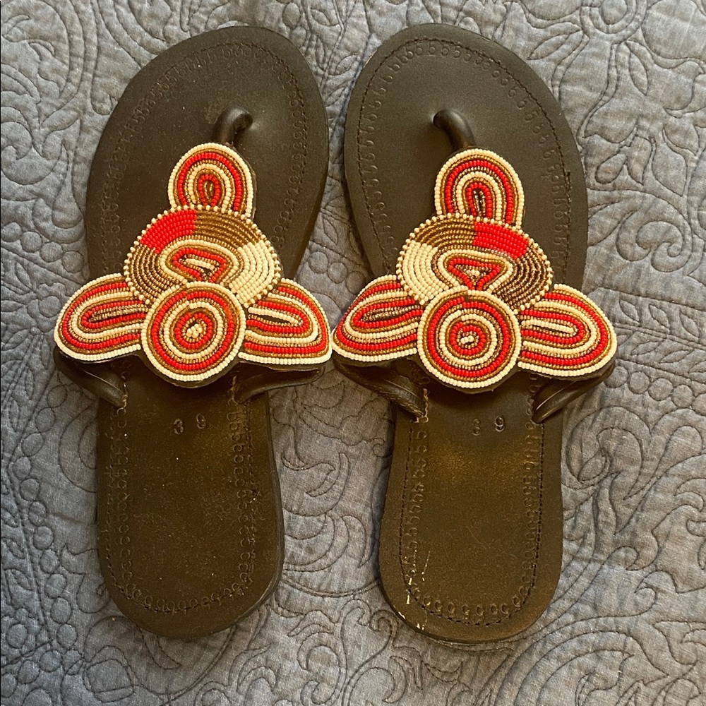 Elegant Beaded Sandals - Black and Red
